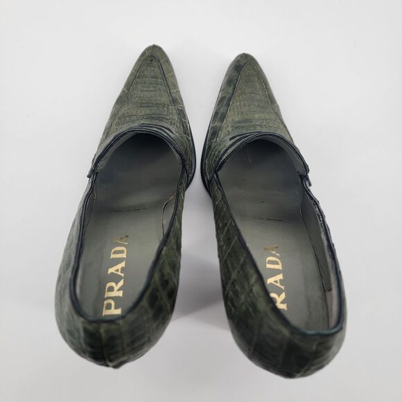 Prada Size 6.5 Green Block Heel Croc Embossed Print Pointed Toe Slip On 36.5 - Picture 6 of 9